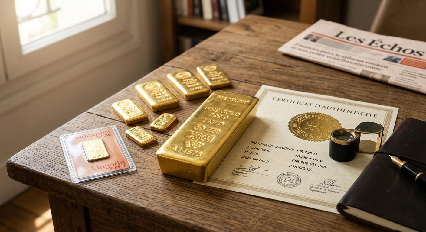 Véritables lingots d or et lingotins certifiés 24 carats posés sur une table en bois avec certificat d authenticité